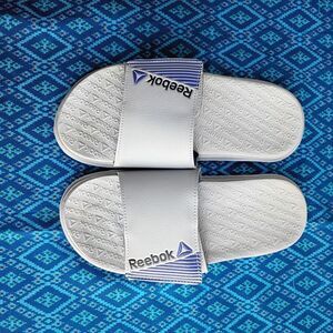 Reebok White and Blue Slides